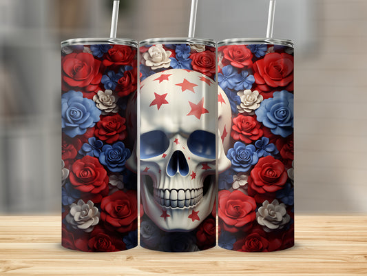 Skull with red stars on forehead, surrounded by red and blue flowers.