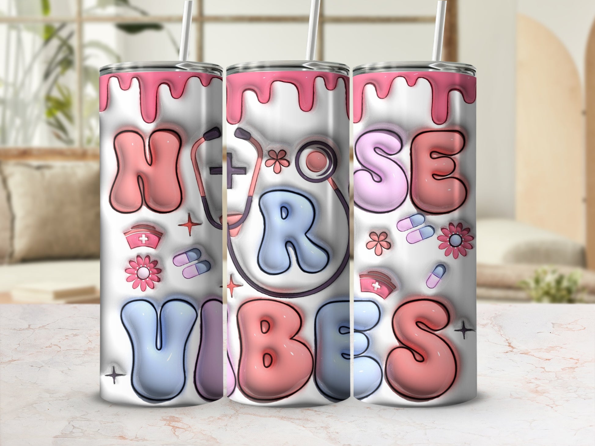 Nurse vibes tumbler with pink dripping top and medical icons.