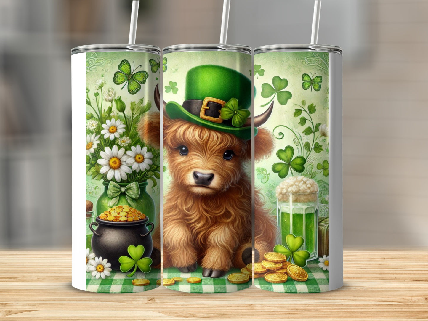 St. Patrick's Day Highland cow and shamrocks on a green checkered tumbler.