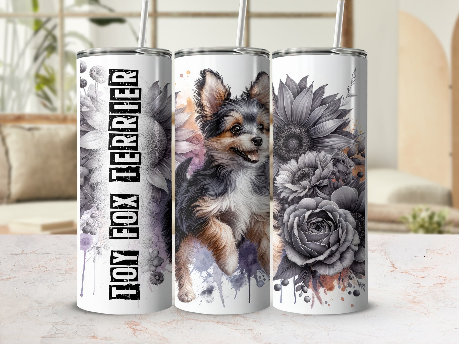 Yorkie dog and floral design on three tumblers.