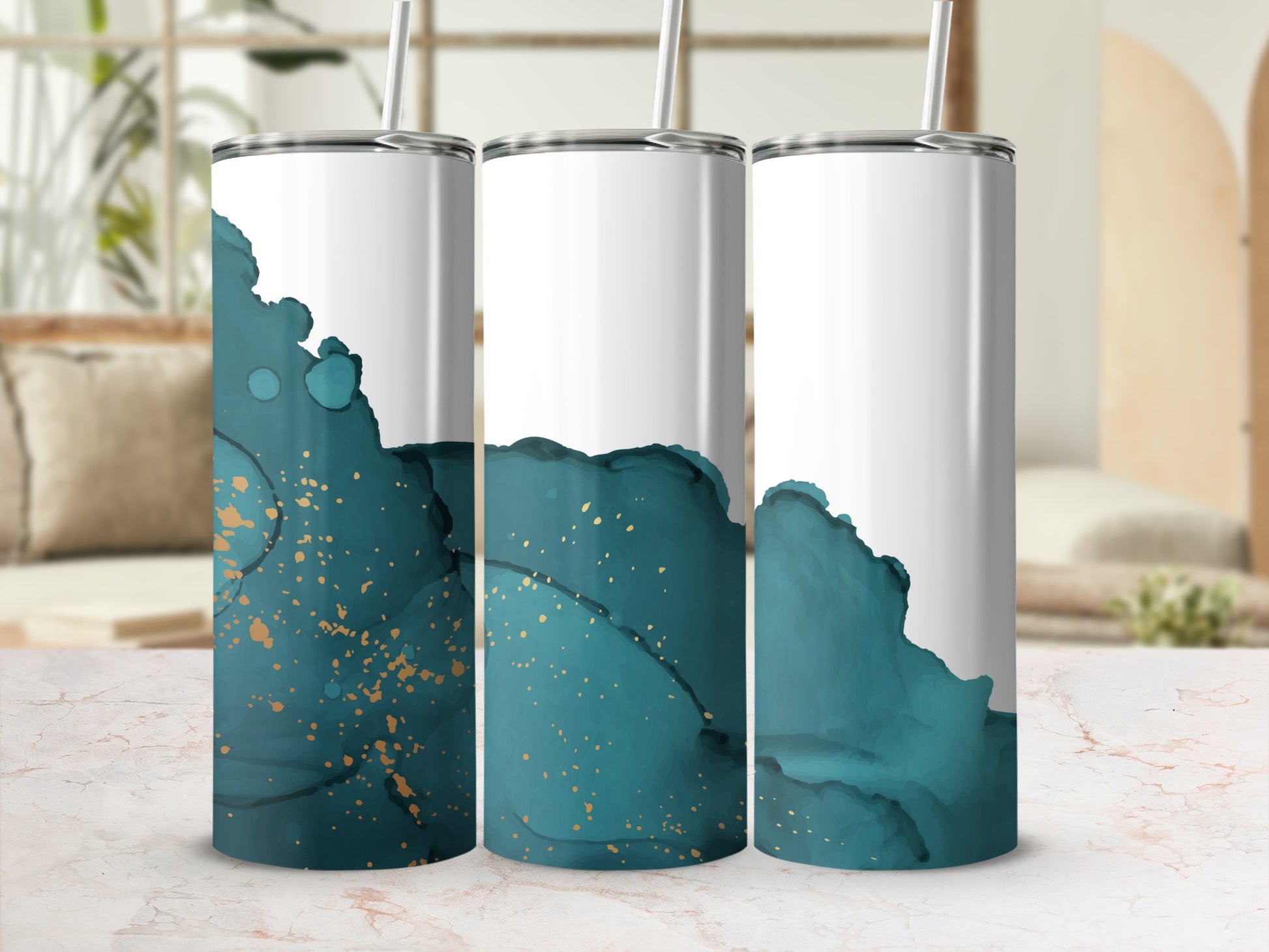Three tumblers with teal and gold abstract ink design.