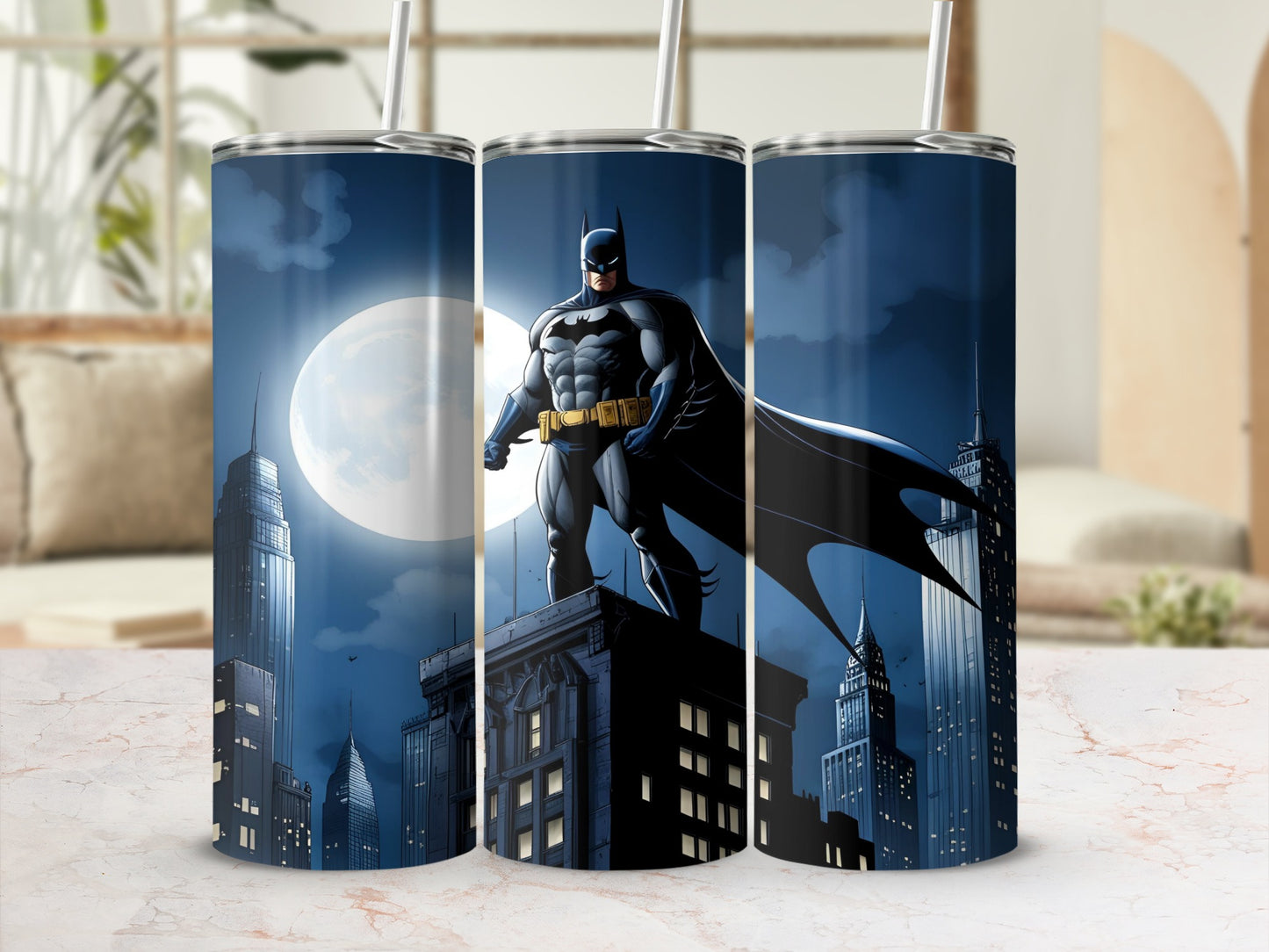 Batman stands heroically on a Gotham City building rooftop under a full moon.