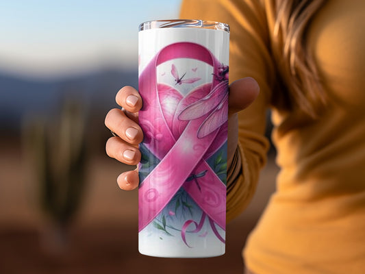 Pink Ribbon Dragonfly Design Tumbler Breast Cancer Awareness