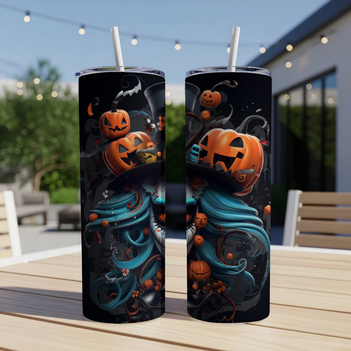 Two tumblers with Halloween designs featuring jack-o'-lanterns, bats, and a woman's face.