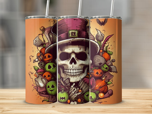 Three tumblers with a spooky Halloween skull, pumpkins, and jack-o'-lanterns design.