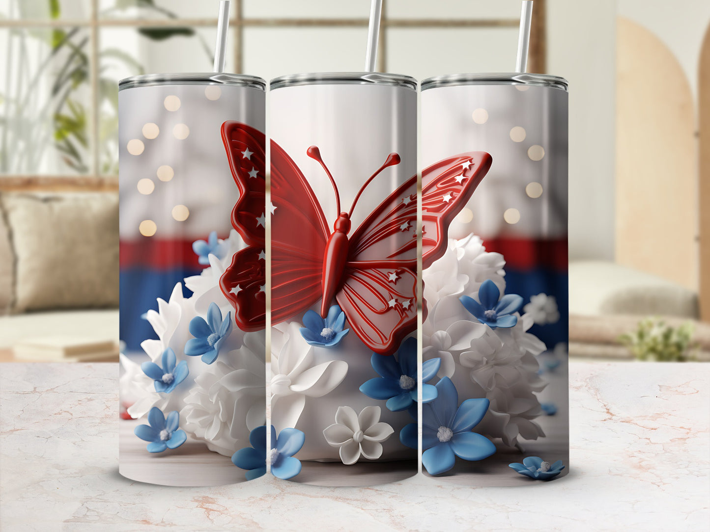 Tall tumbler with red butterfly and white and blue flowers.