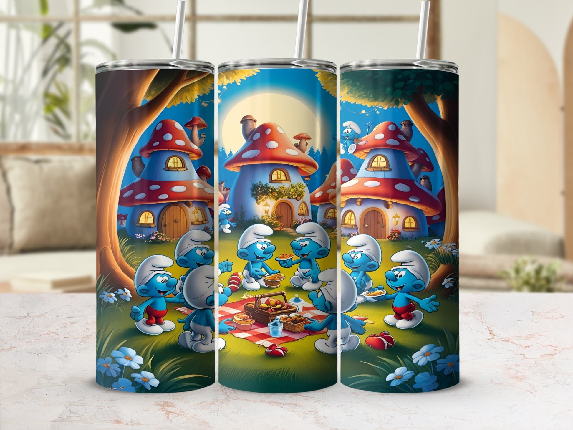 Smurfs having a picnic in front of mushroom houses under a full moon.