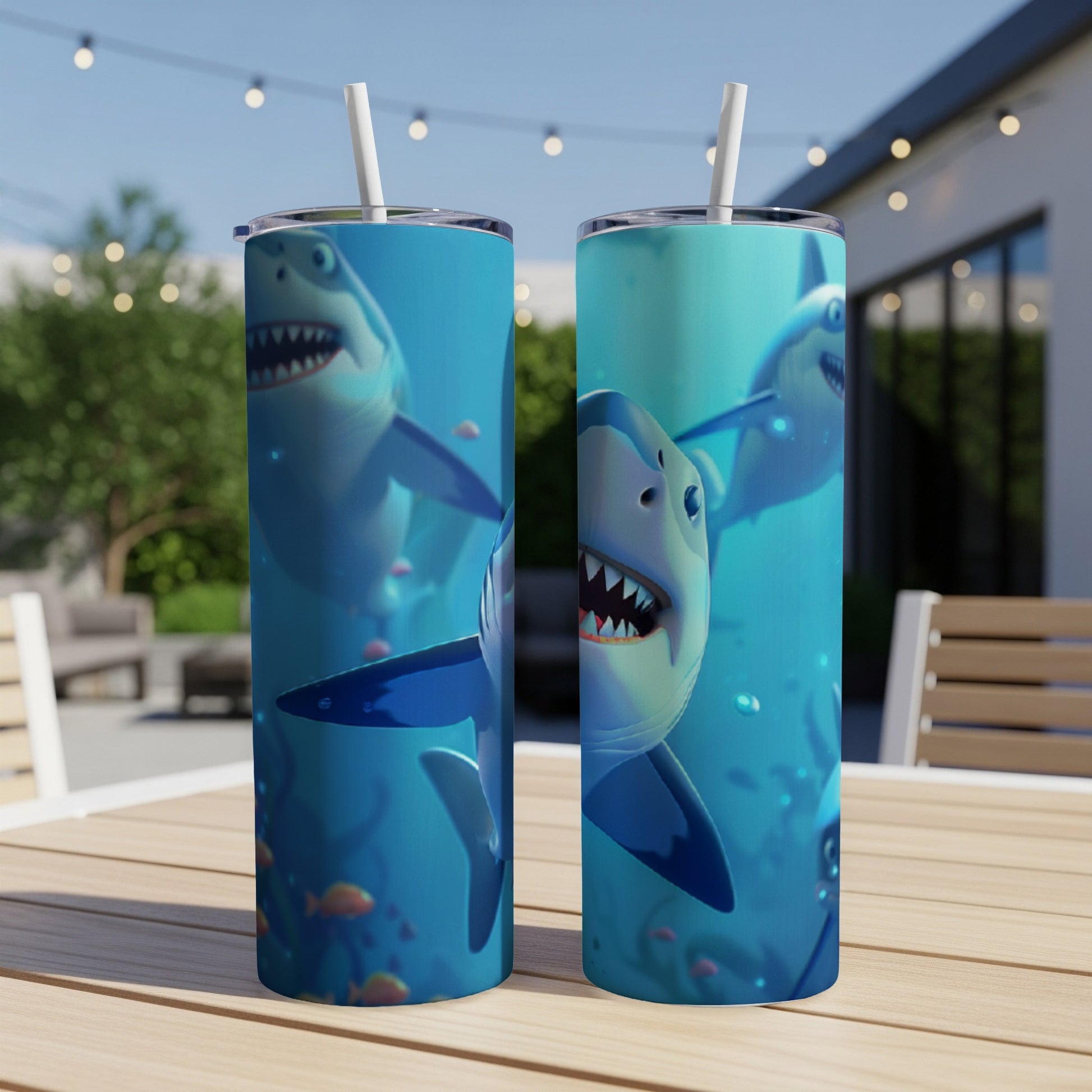 Two cartoon sharks with wide grins and sharp teeth underwater.