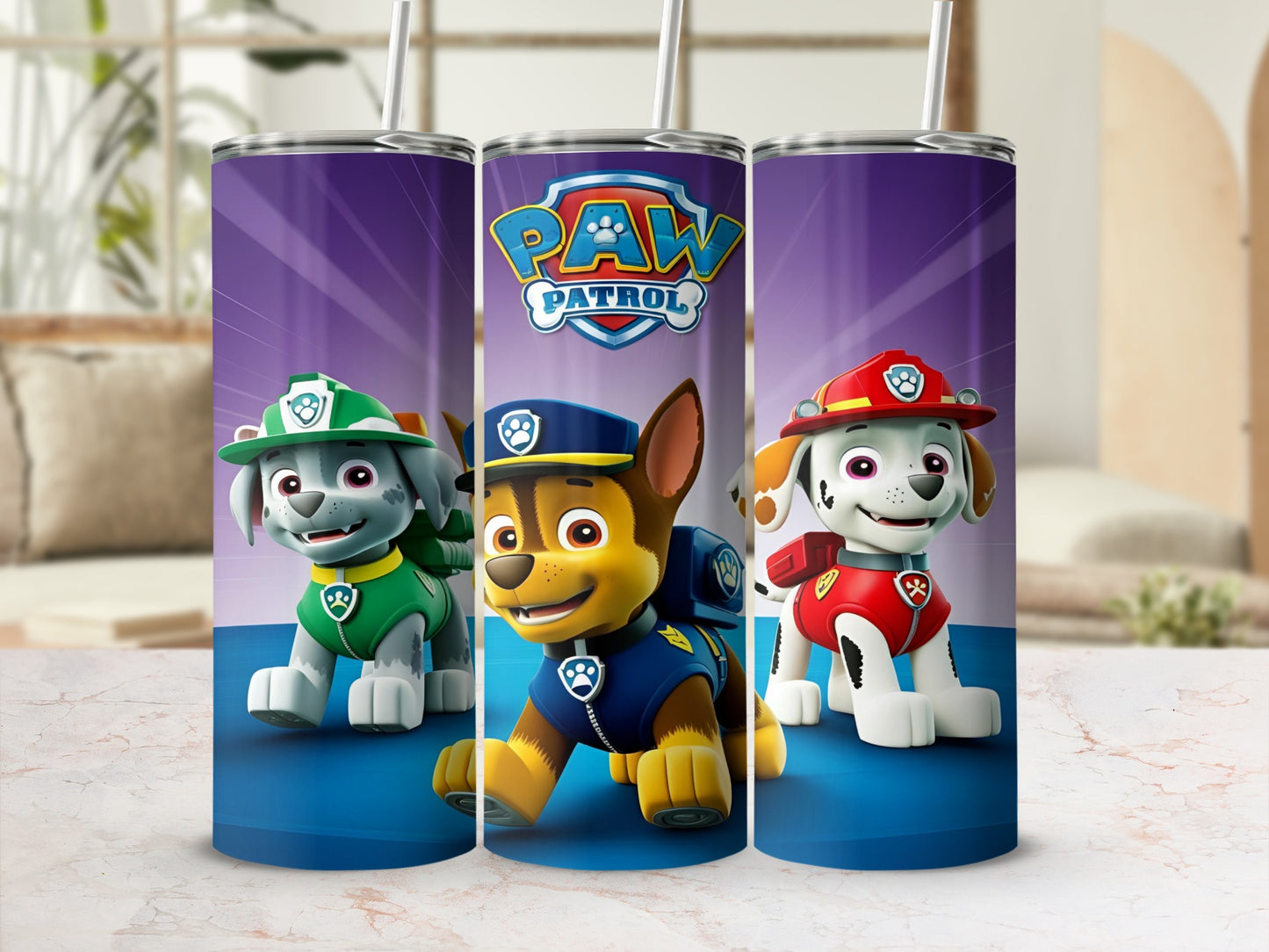 Paw Patrol characters Chase, Marshall, and Rubble on a purple background tumbler.