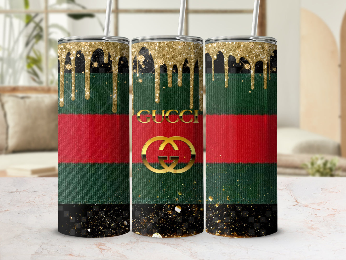 Gold Drip Green and Red Gucci Style Tumbler Cup
