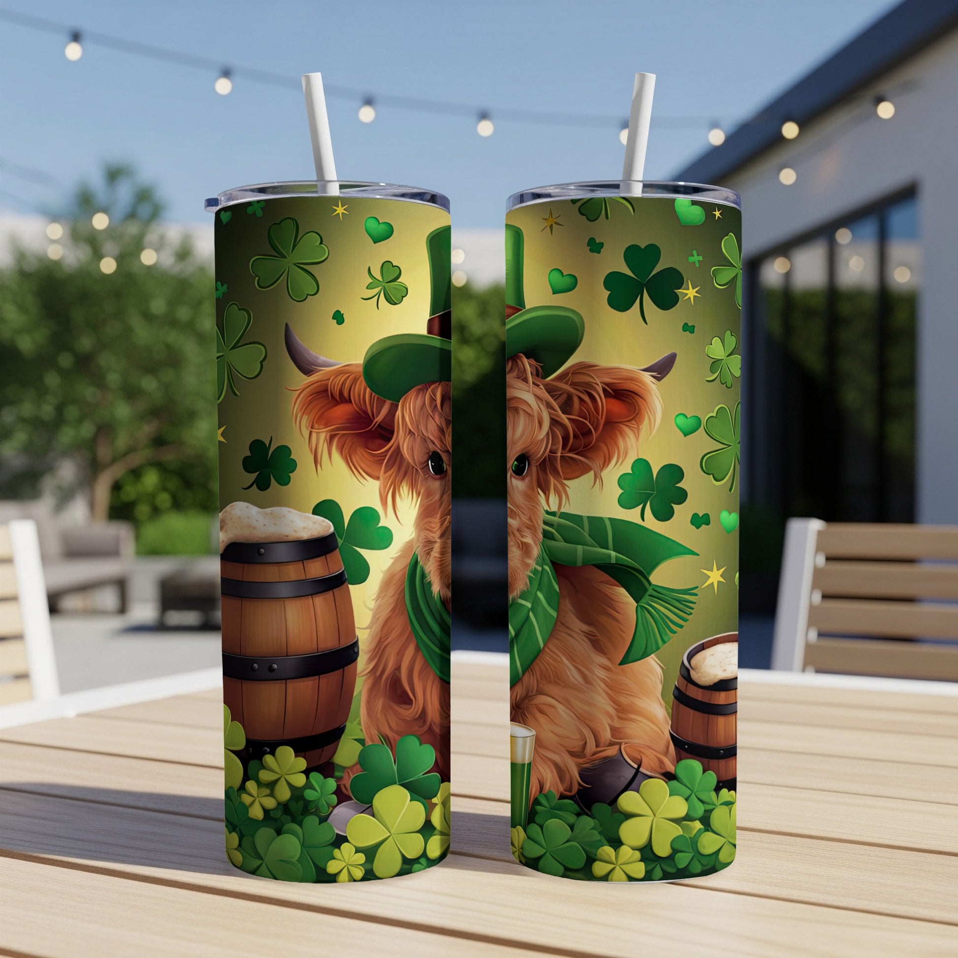 Highland cow in green hat and scarf with beer barrels and shamrocks.