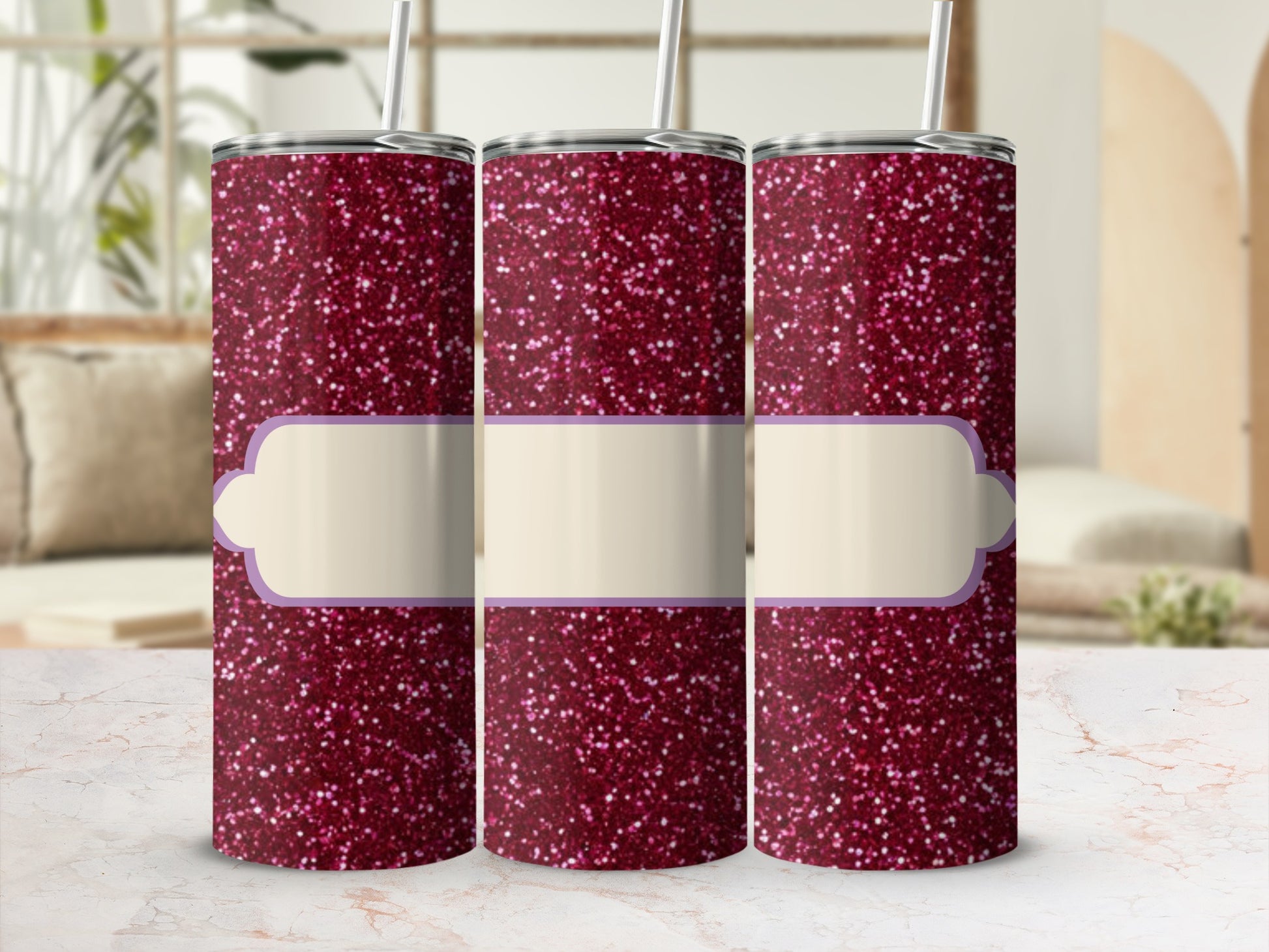 Three glittery red tumblers with blank cream labels against a blurred background.