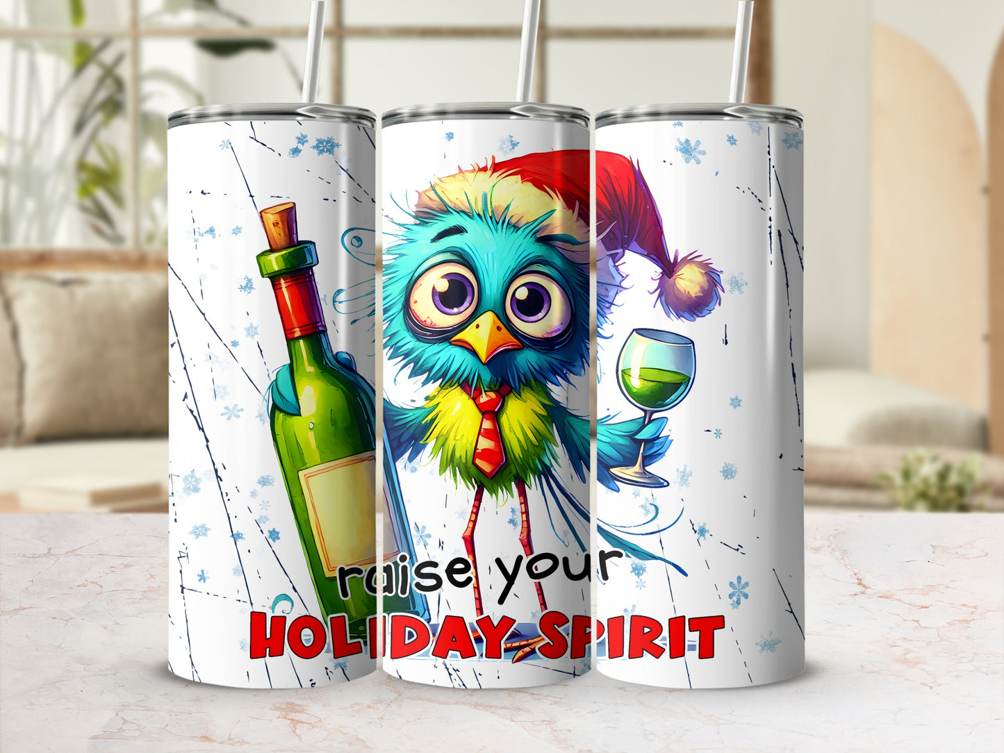 Cartoon blue bird in Santa hat holding wine glass, with bottle and text.