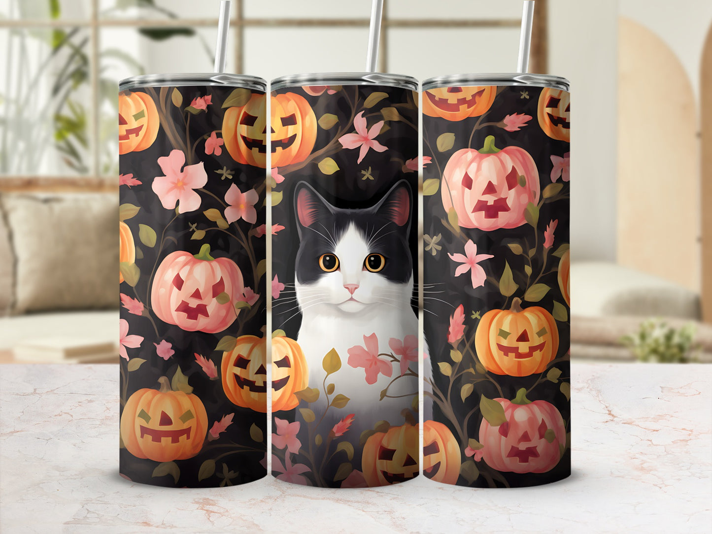 Black and white cat with jack-o'-lanterns and pink flowers on a tumbler.