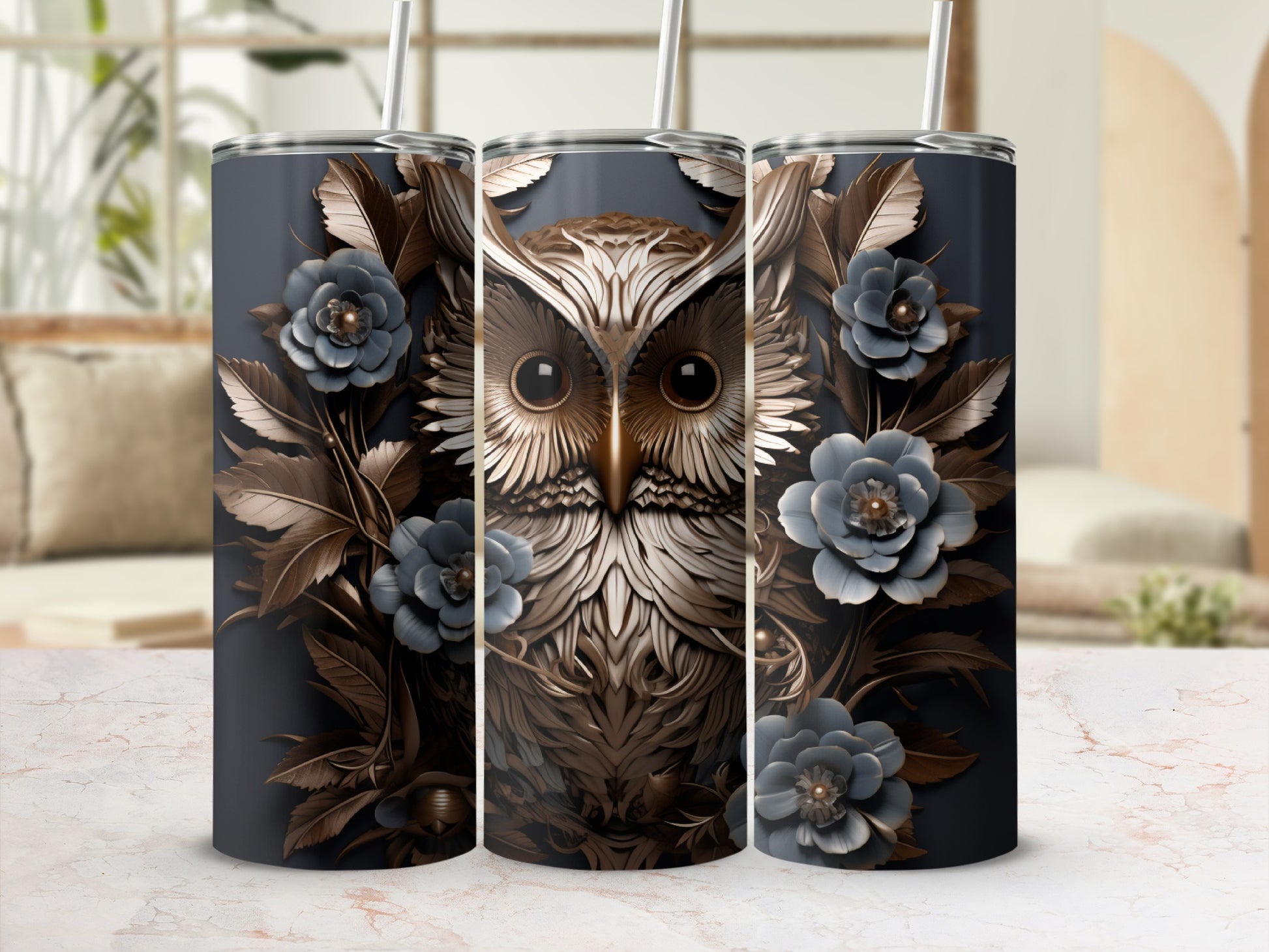Dark tumbler with owl and blue floral design, shown with a straw.