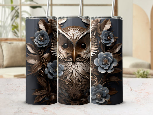 Dark tumbler with owl and blue floral design, shown with a straw.