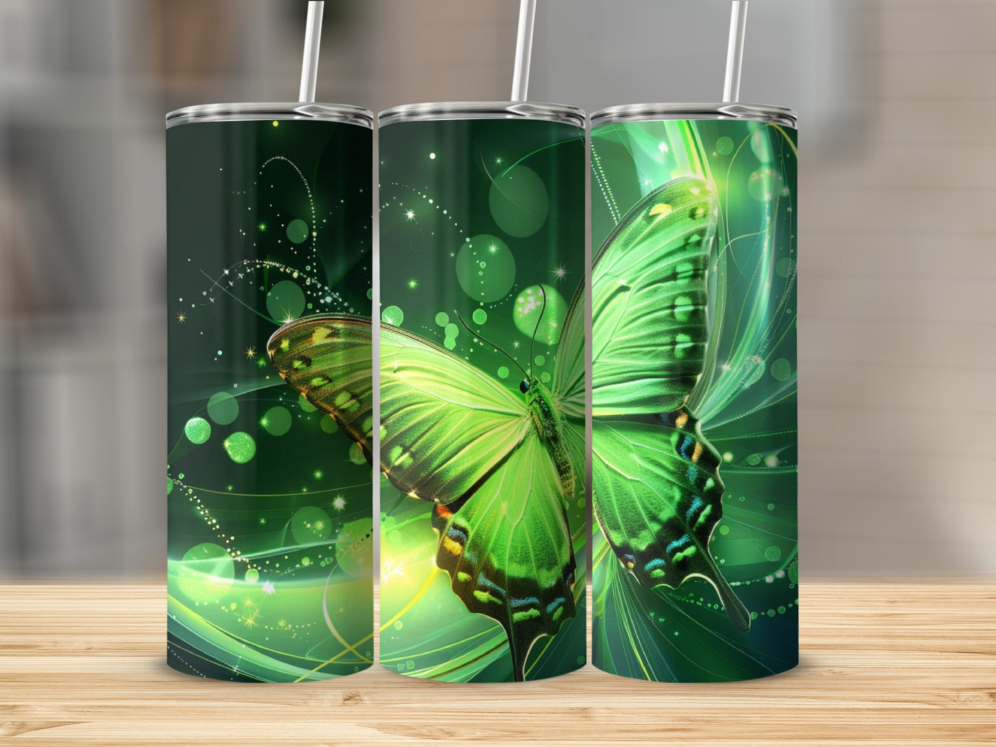 Green butterfly tumbler with sparkly green lights and bokeh effects.
