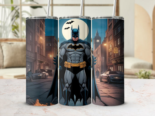 Batman stands in a city street at night, with bats flying.