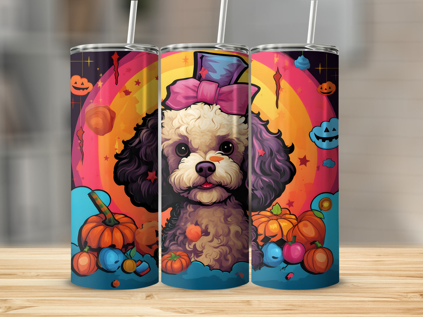 Tumbler with a fluffy dog, pumpkins, and Halloween clouds against a rainbow background.