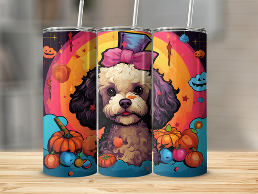 Tumbler with a fluffy dog, pumpkins, and Halloween clouds against a rainbow background.
