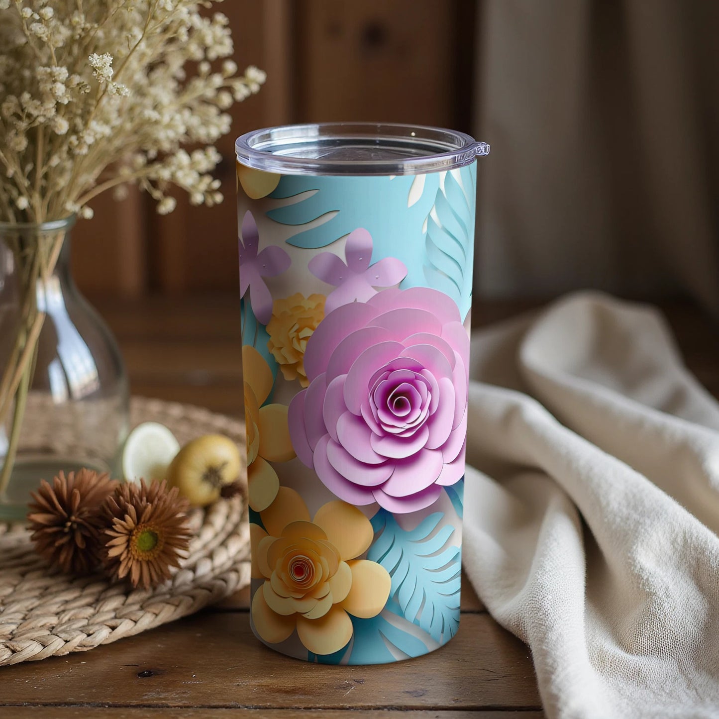 Floral Patterned Tumbler with 3D Flower Design
