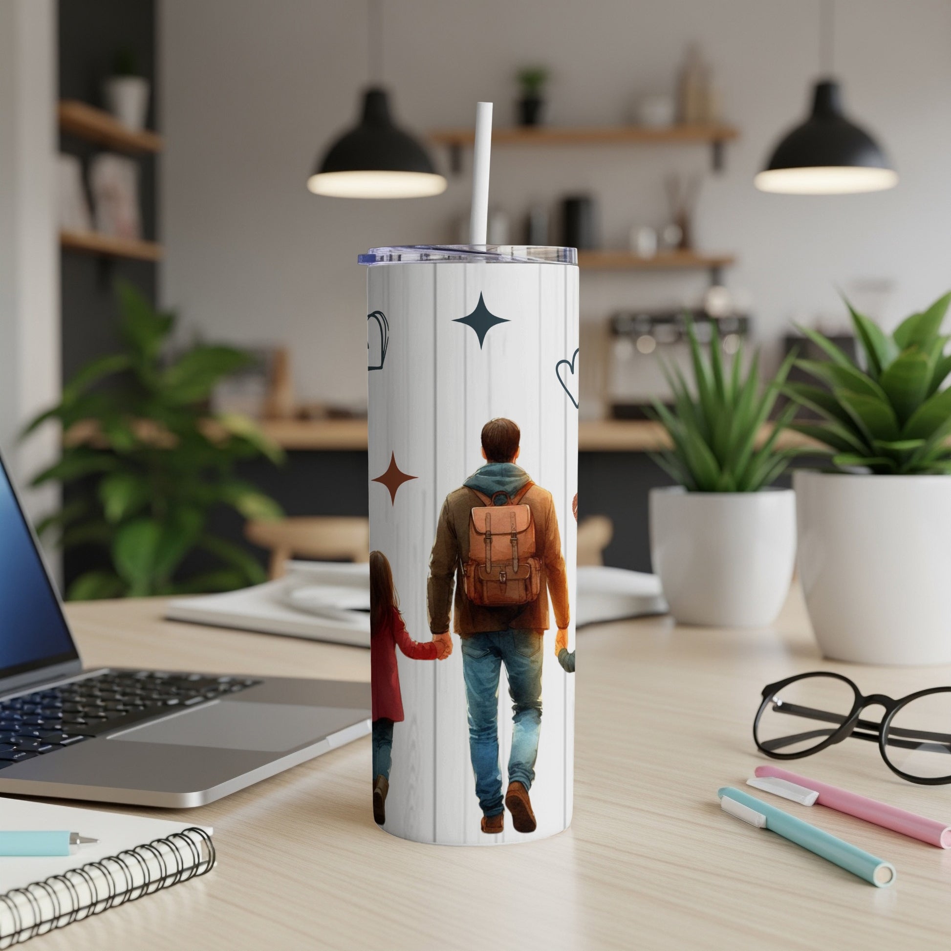 Tumbler shows father and child holding hands with stars and hearts designs.