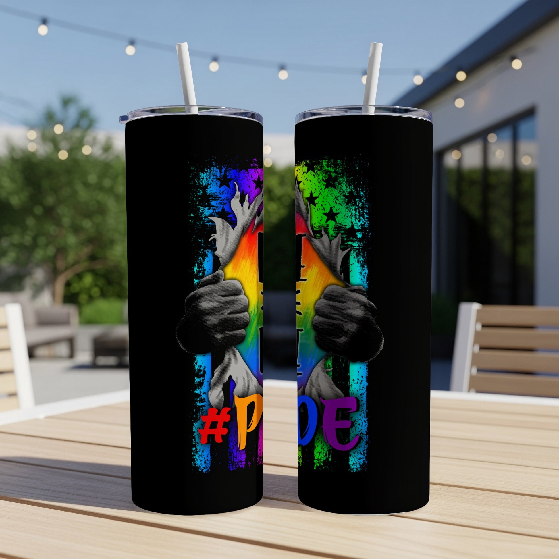 Black tumbler with ripped design revealing rainbow colors and #Pride hashtag.