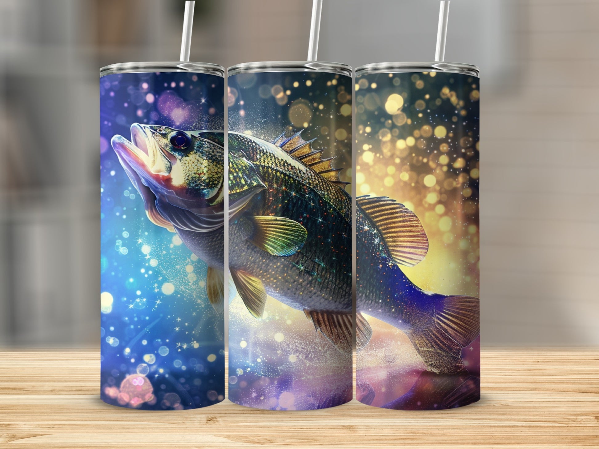 Three tumblers with a leaping bass and sparkling bokeh effect.