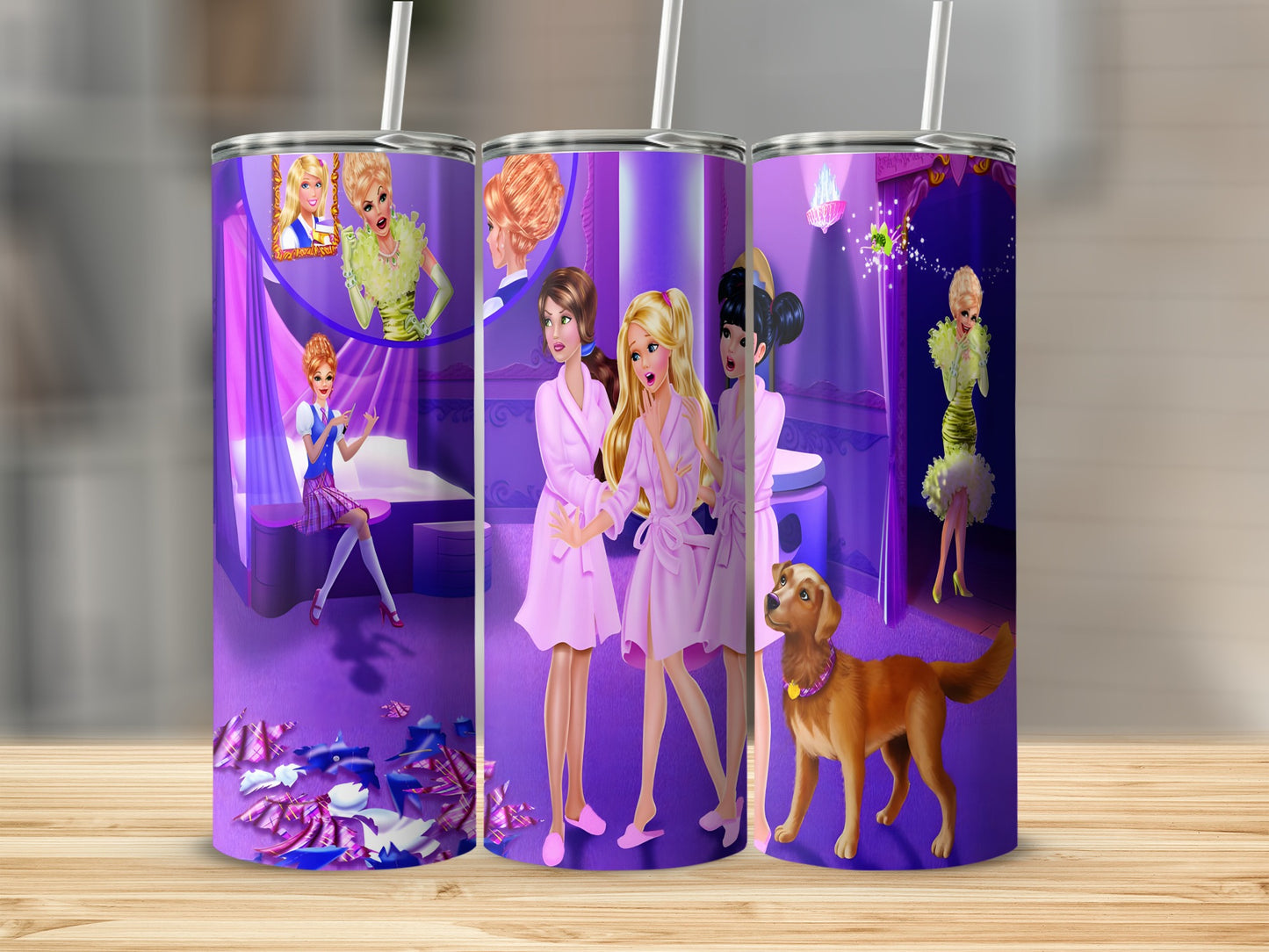 Barbie dolls in pink robes with a golden retriever in a spa setting.