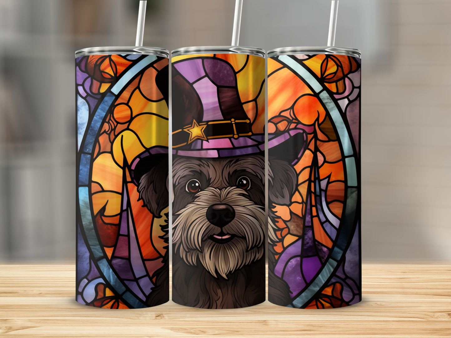 Stained glass tumbler featuring a black terrier dog wearing a witch hat.