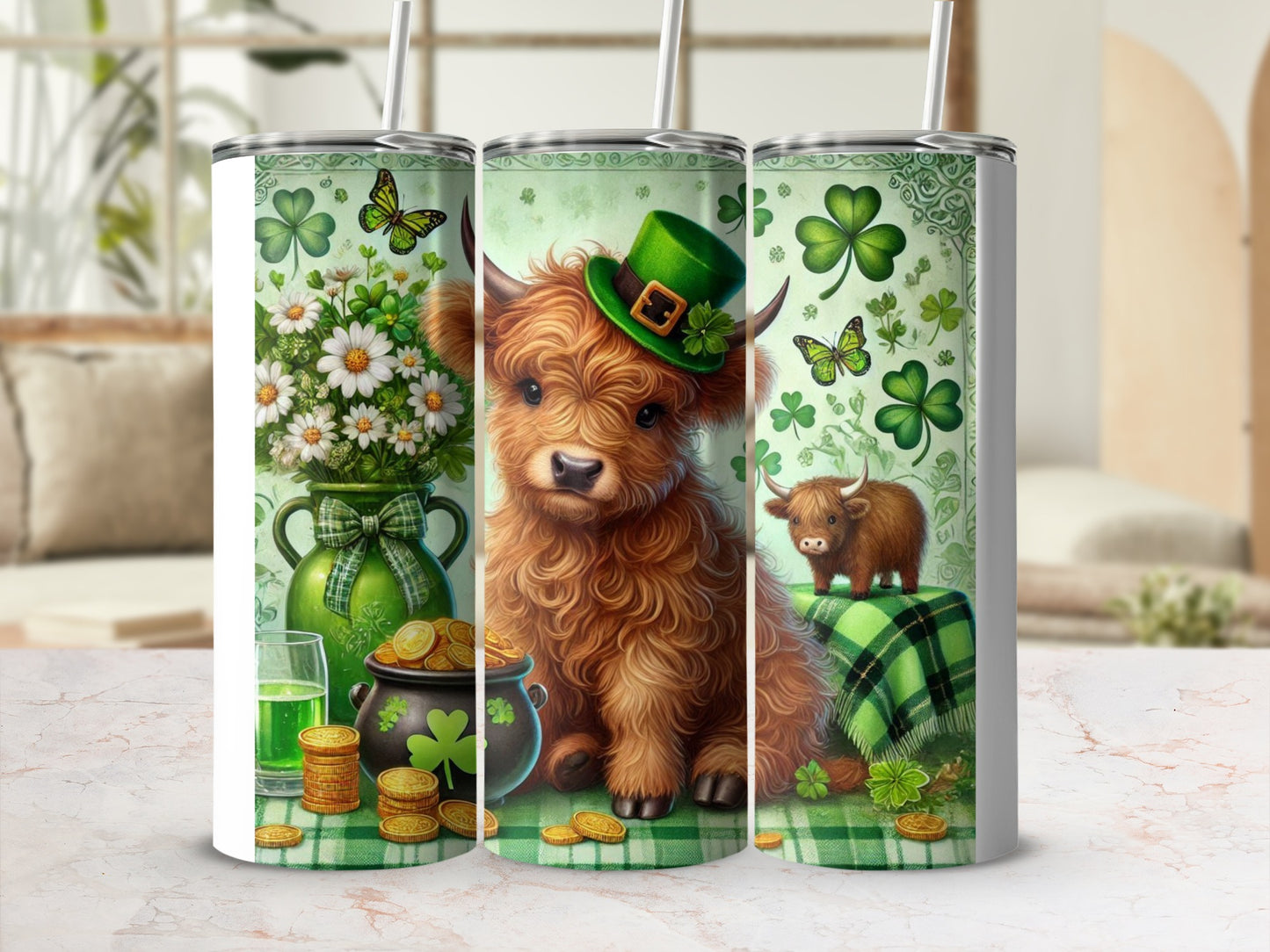 Highland cow with St. Patrick's Day hat and shamrocks on tumbler.