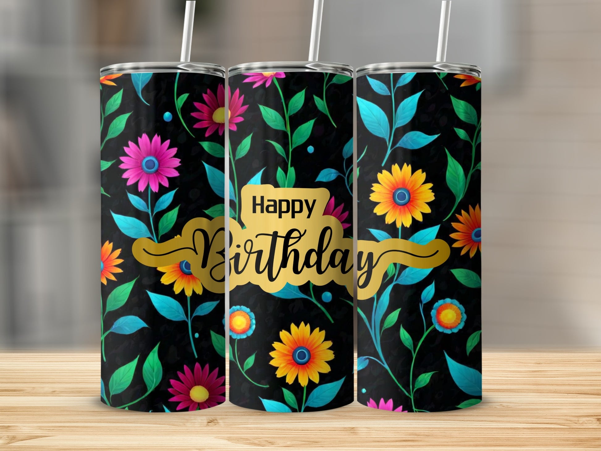 Three tumblers with colorful floral patterns and "Happy Birthday" text.