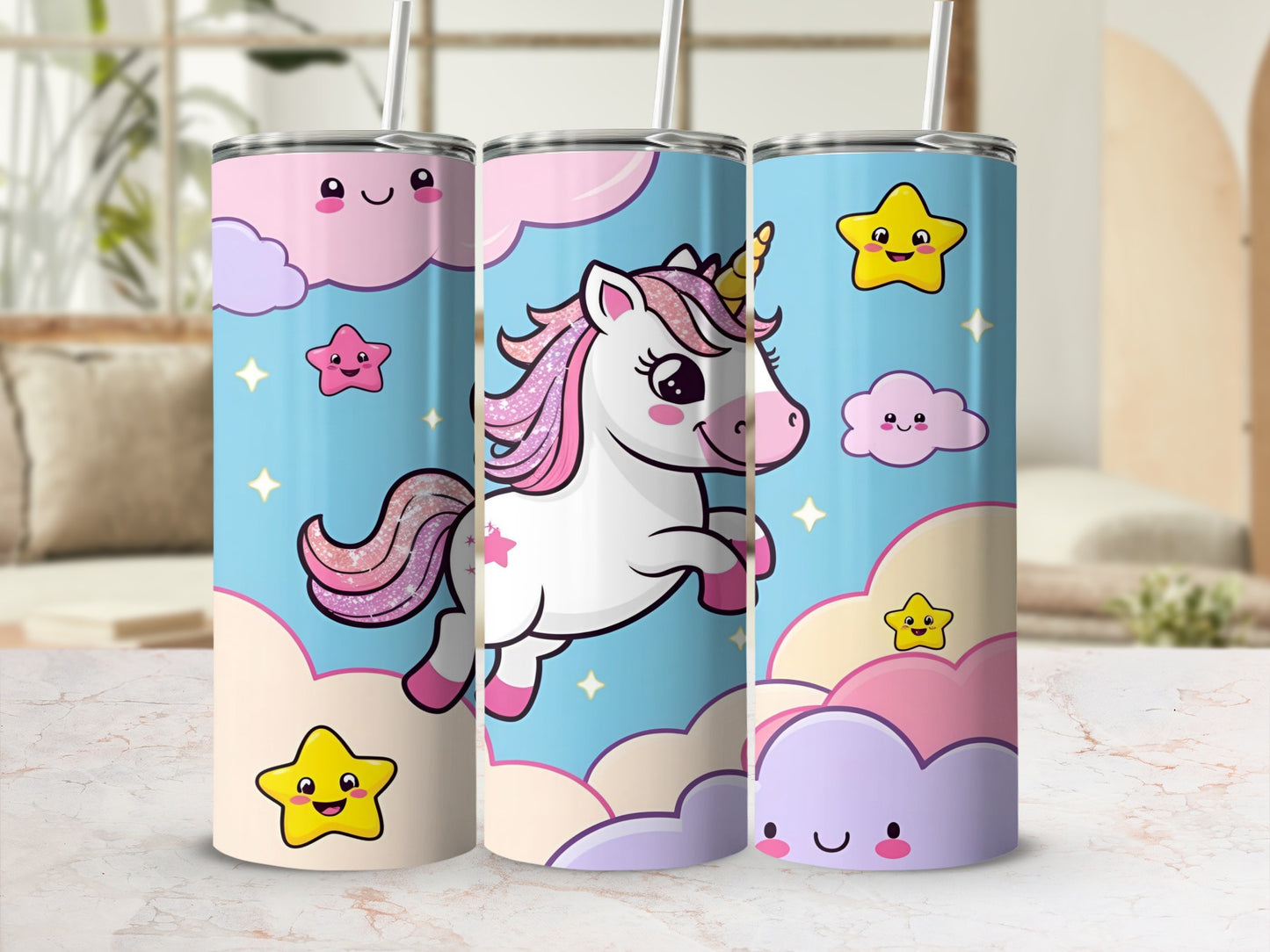 Unicorn with stars and clouds on a pink, blue, and purple tumbler.