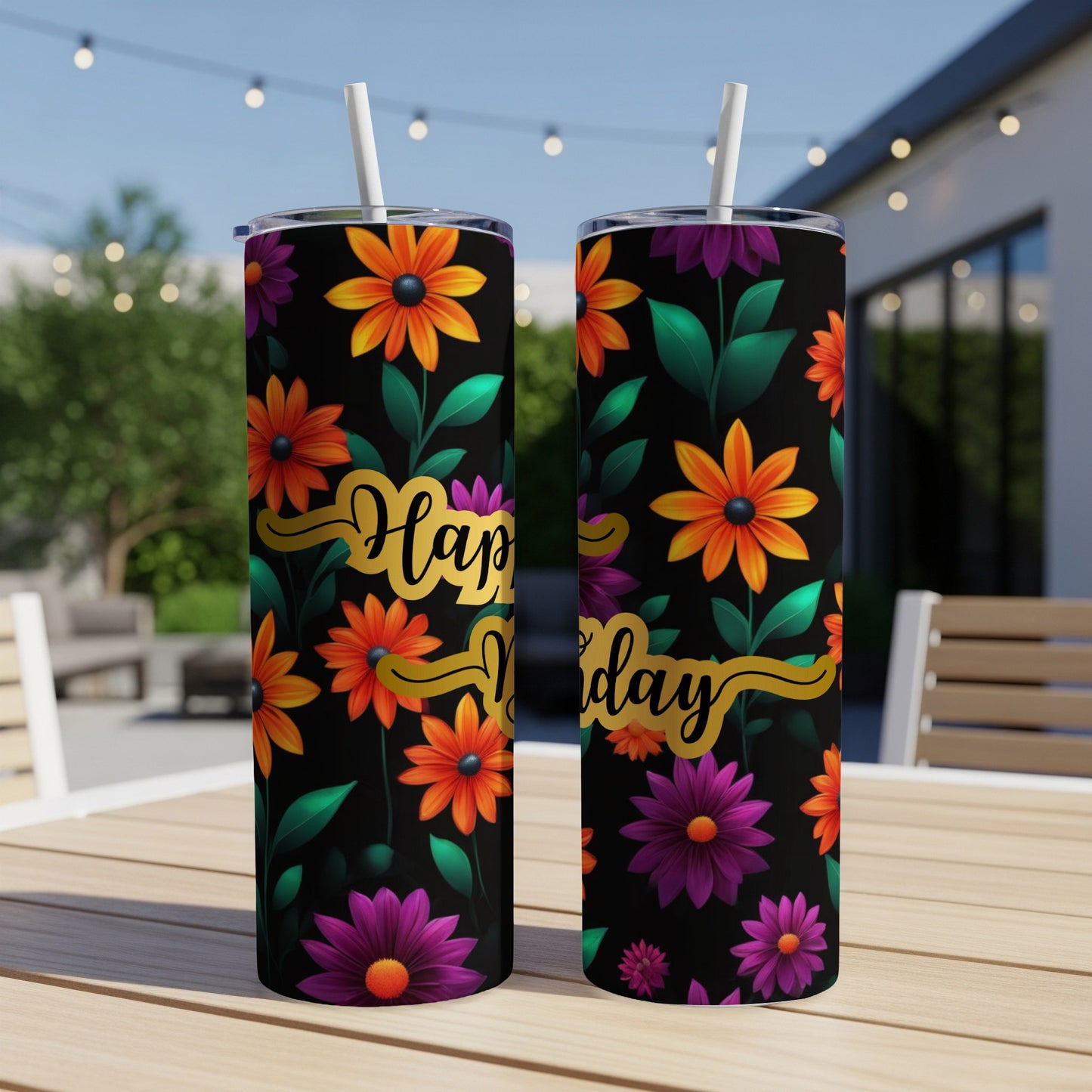 Two black tumblers with floral pattern and "Happy Birthday" text.