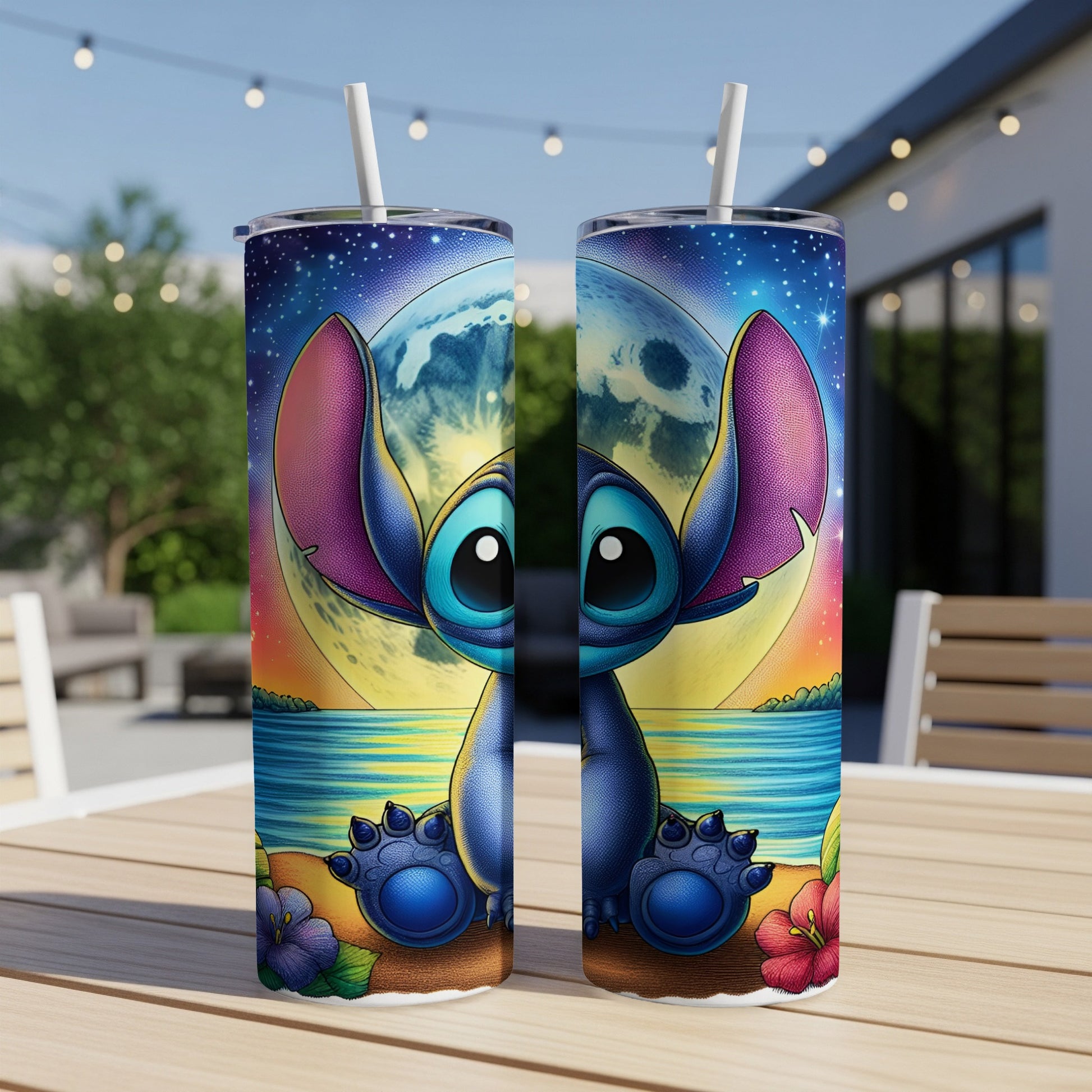 Stitch character on a beach with a large moon behind him on a tumbler.