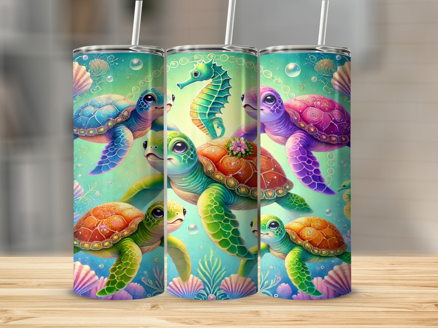 Colorful Sea Turtles with Seahorse Design Travel Tumbler