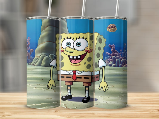 SpongeBob SquarePants character in underwater scene on three tumblers.