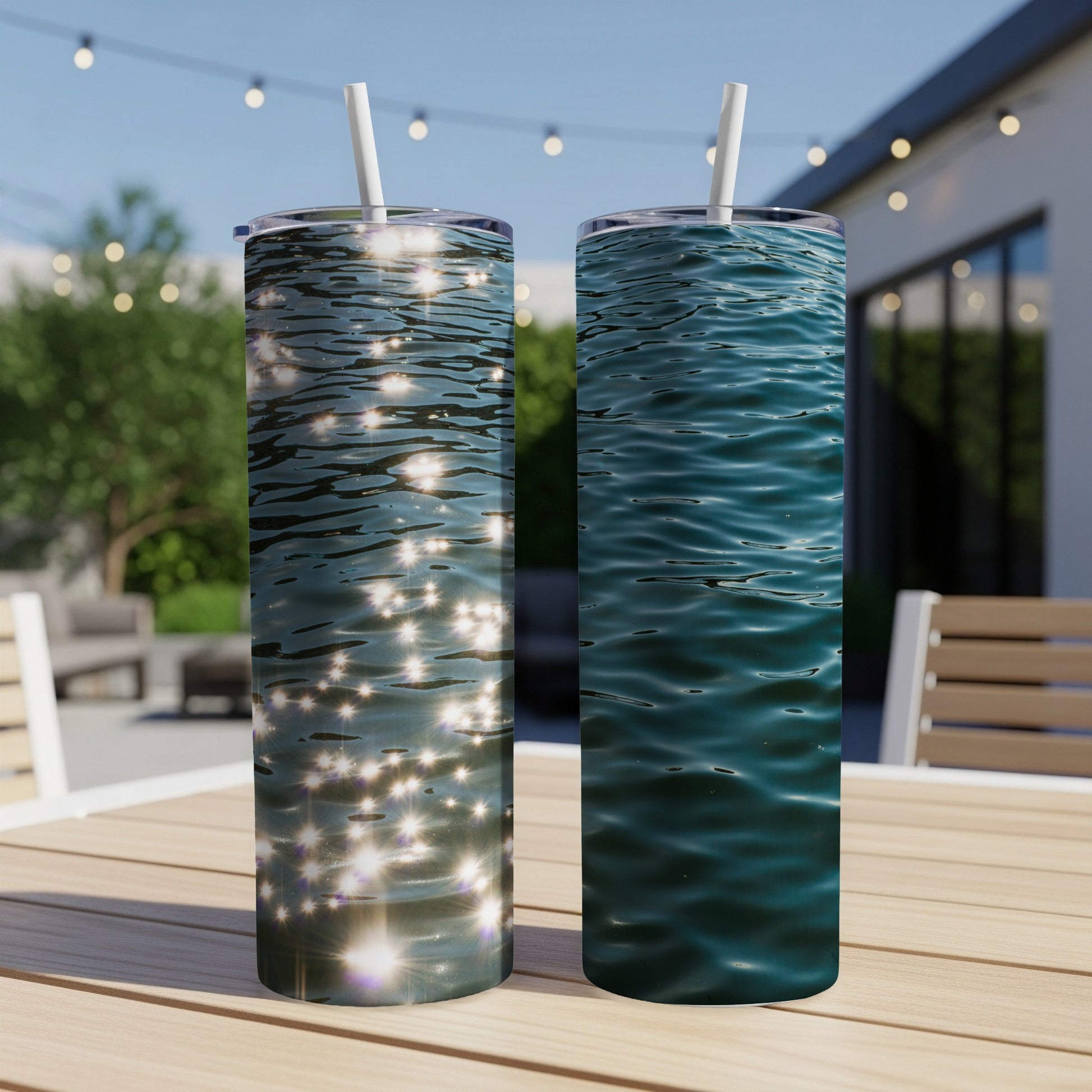 Two tumblers featuring shimmering water patterns with sunlight reflections.