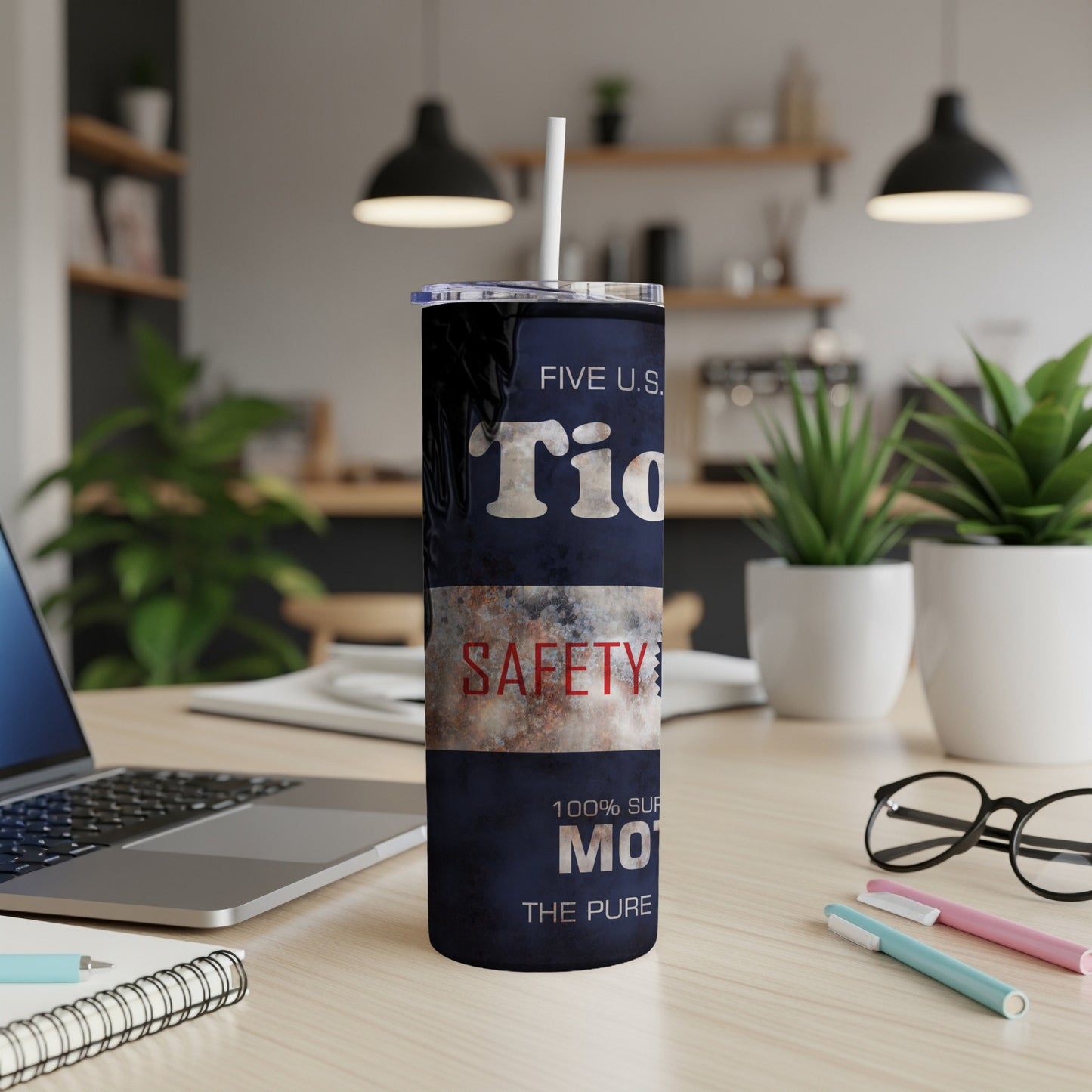 Dark blue tumbler with "SAFETY", "Tiq", and "100% SUPERIOR MOTORS" text.
