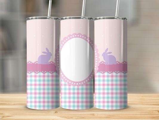 Pink plaid tumbler with bunnies and an oval frame for personalization.