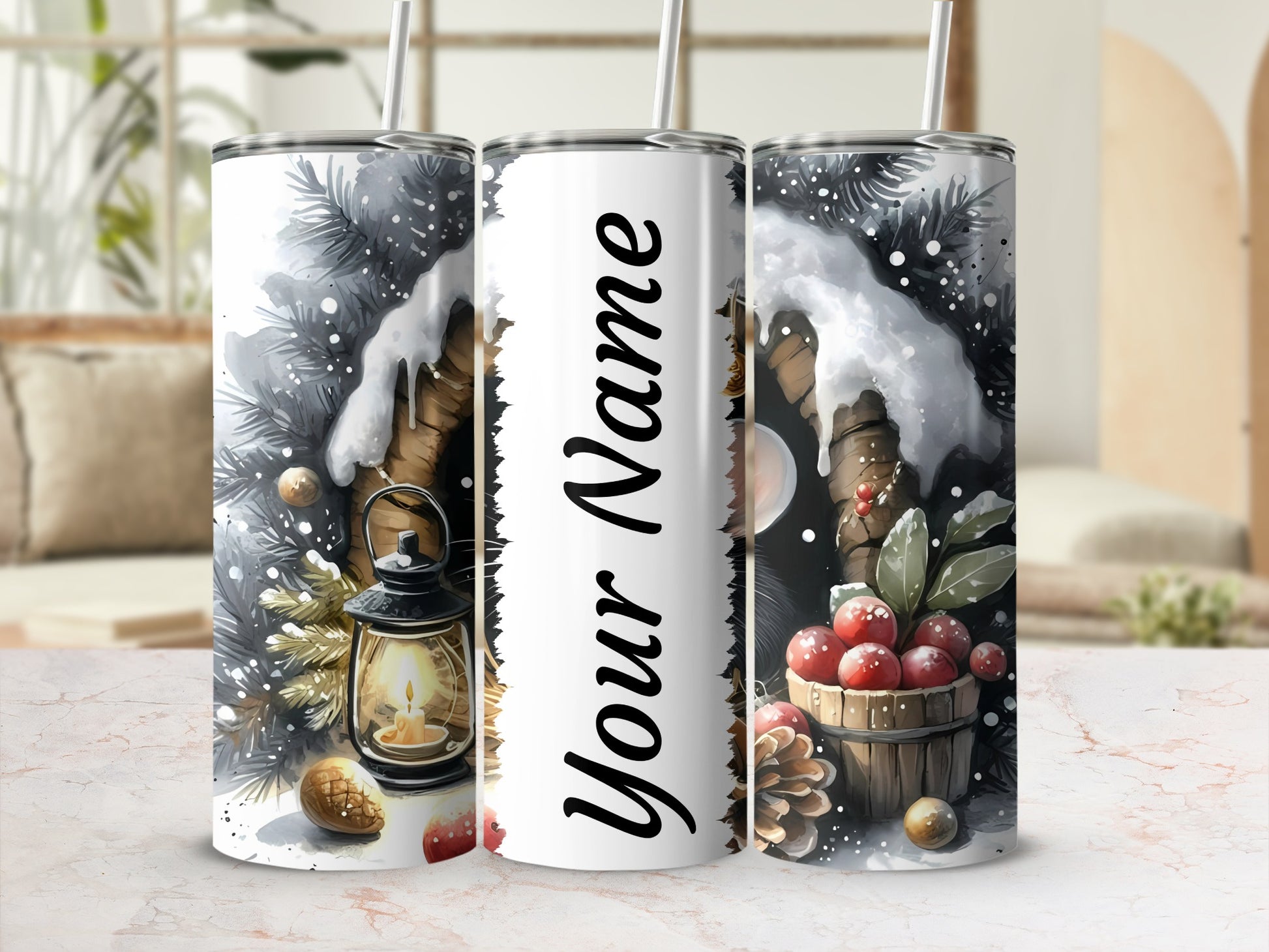 Personalized Christmas Lantern and Pine Tumbler Design