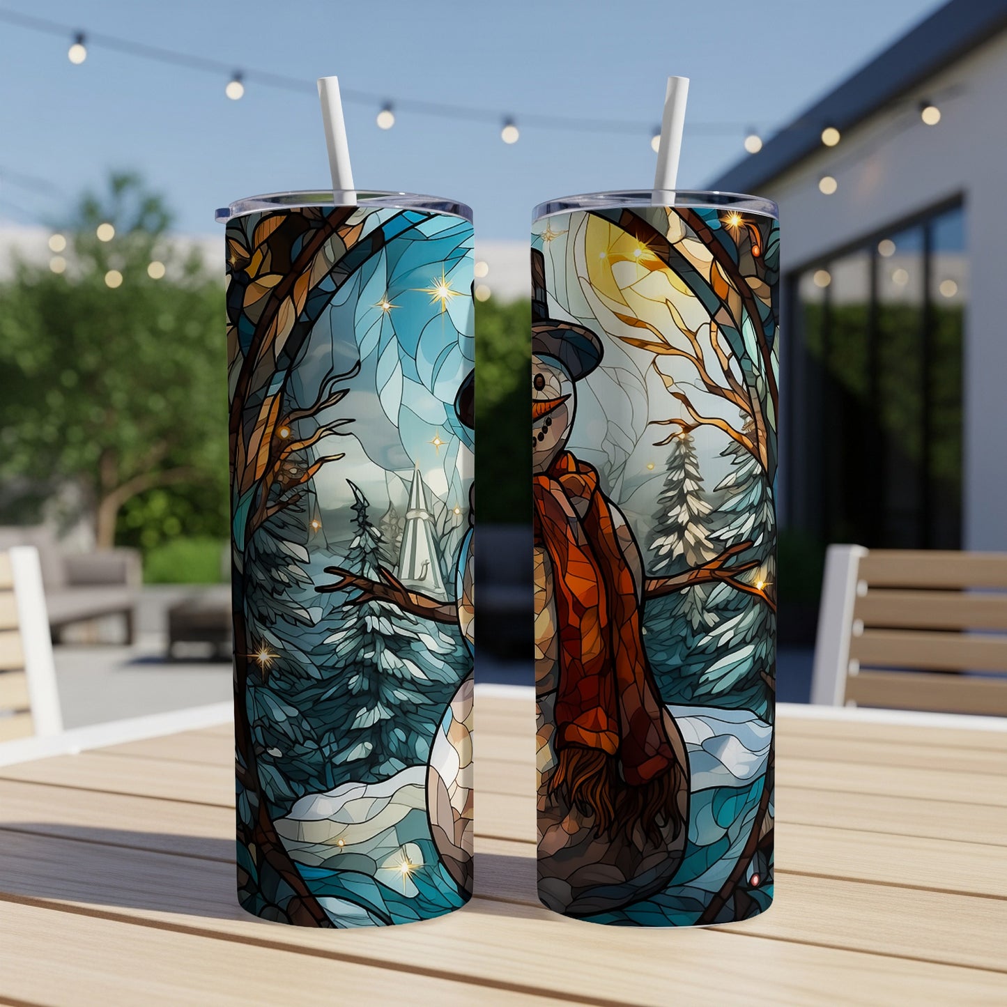 Snowman in stained glass style with winter scene on a tumbler.