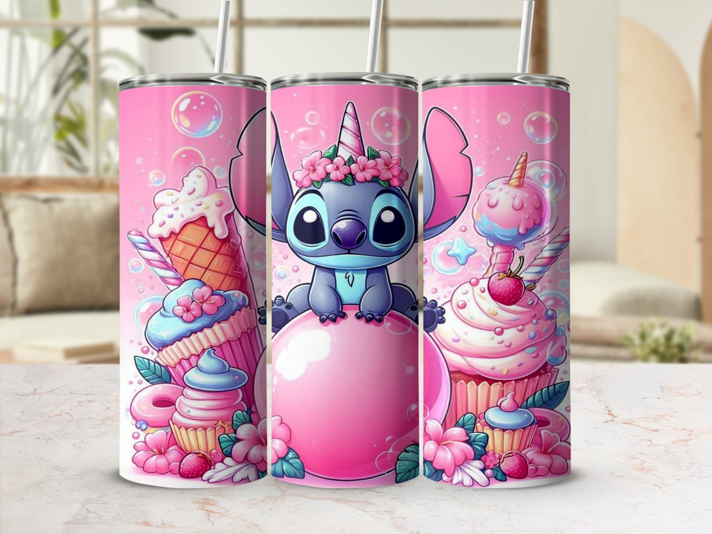 Stitch with cupcakes and ice cream on a pink tumbler.