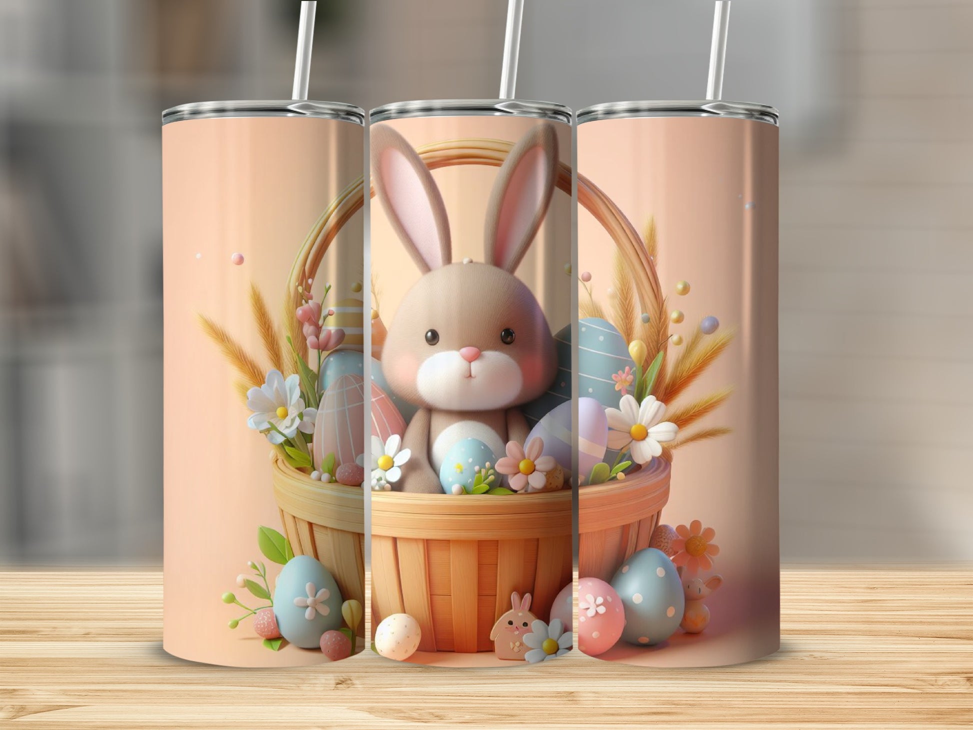 Easter bunny and eggs in a basket on a tumbler.