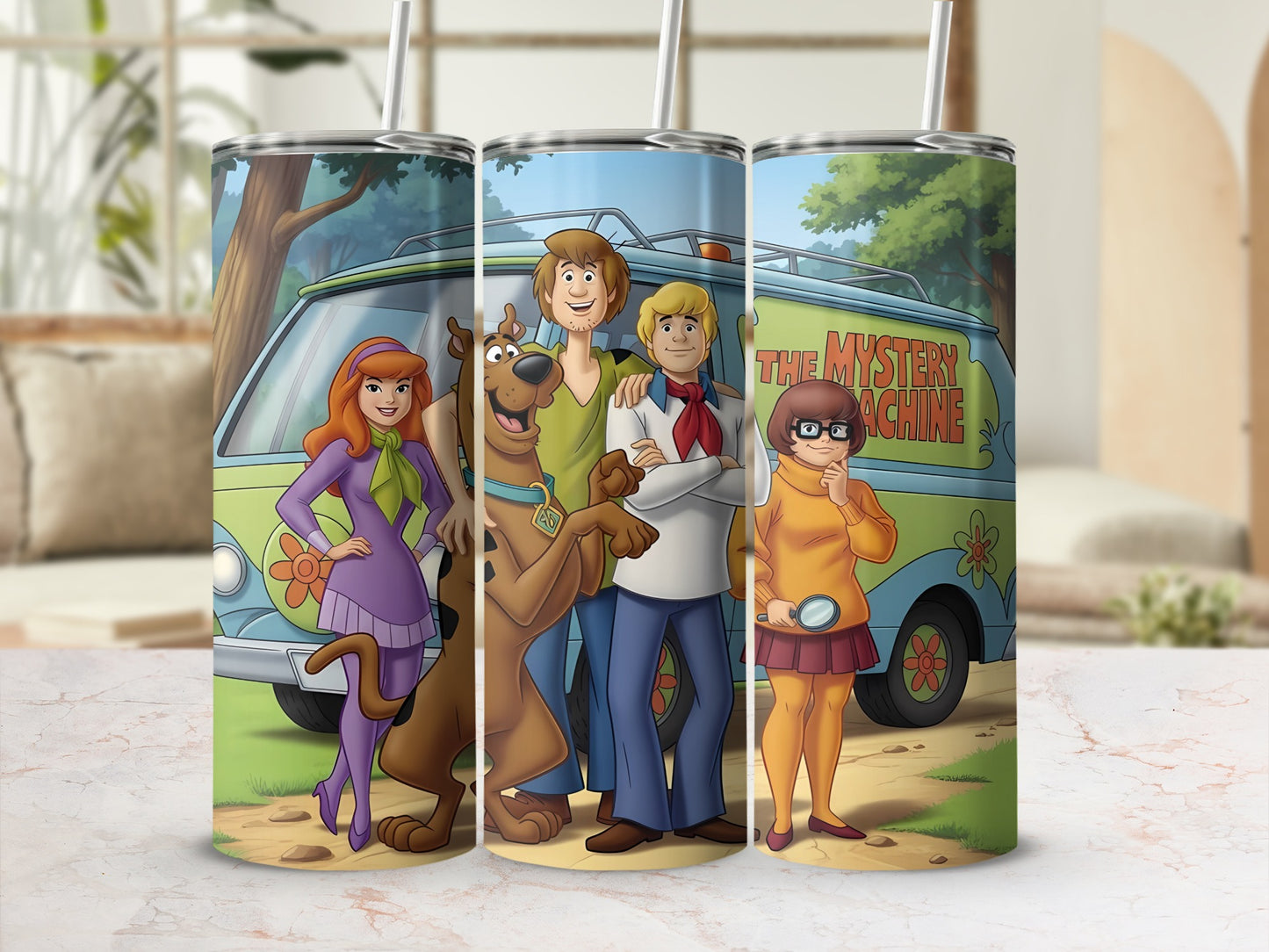 Scooby-Doo characters Daphne, Fred, Shaggy, Velma, and Scooby in front of the Mystery Machine.