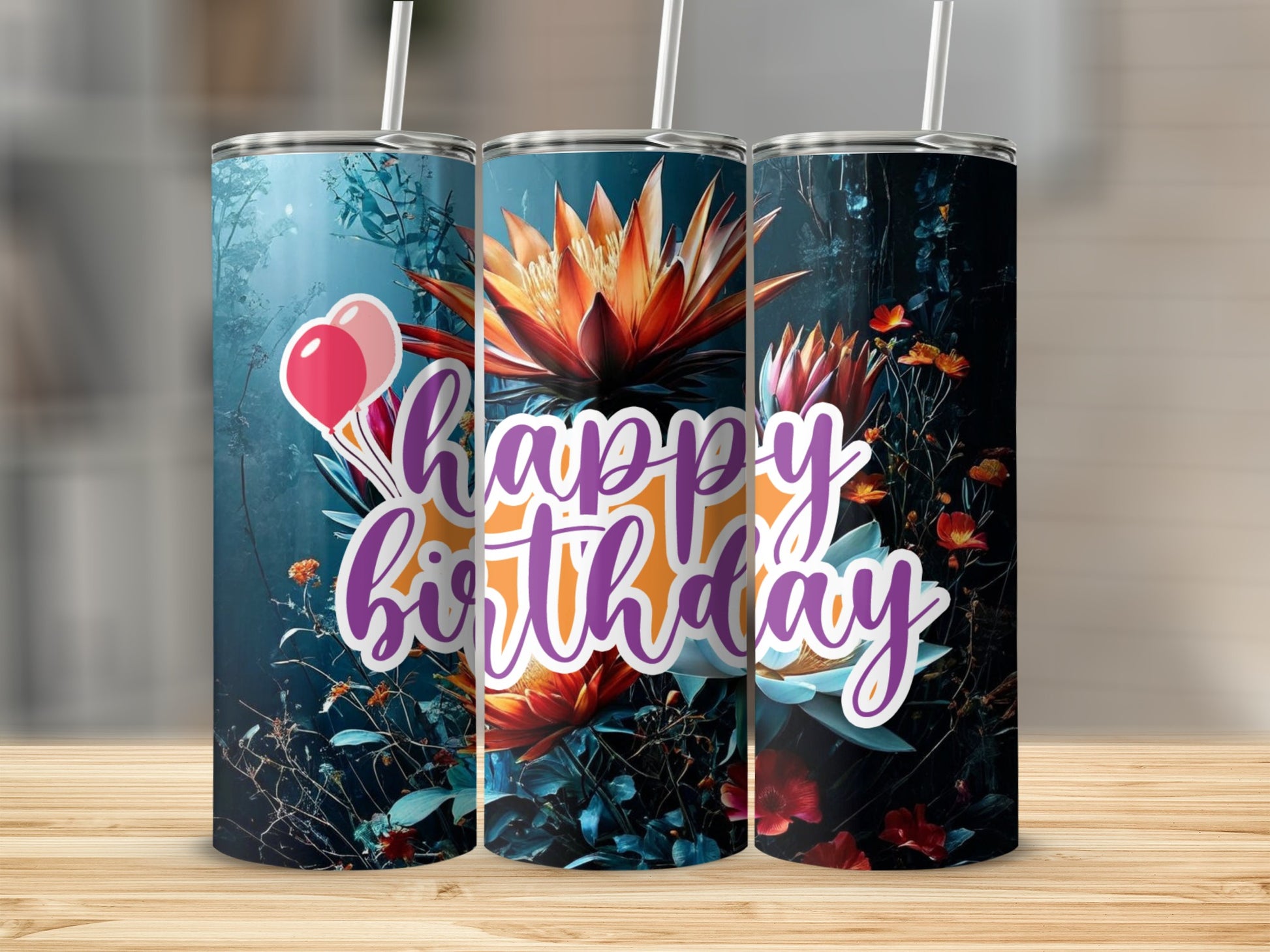 Floral happy birthday tumbler with balloons and a dark, muted background.