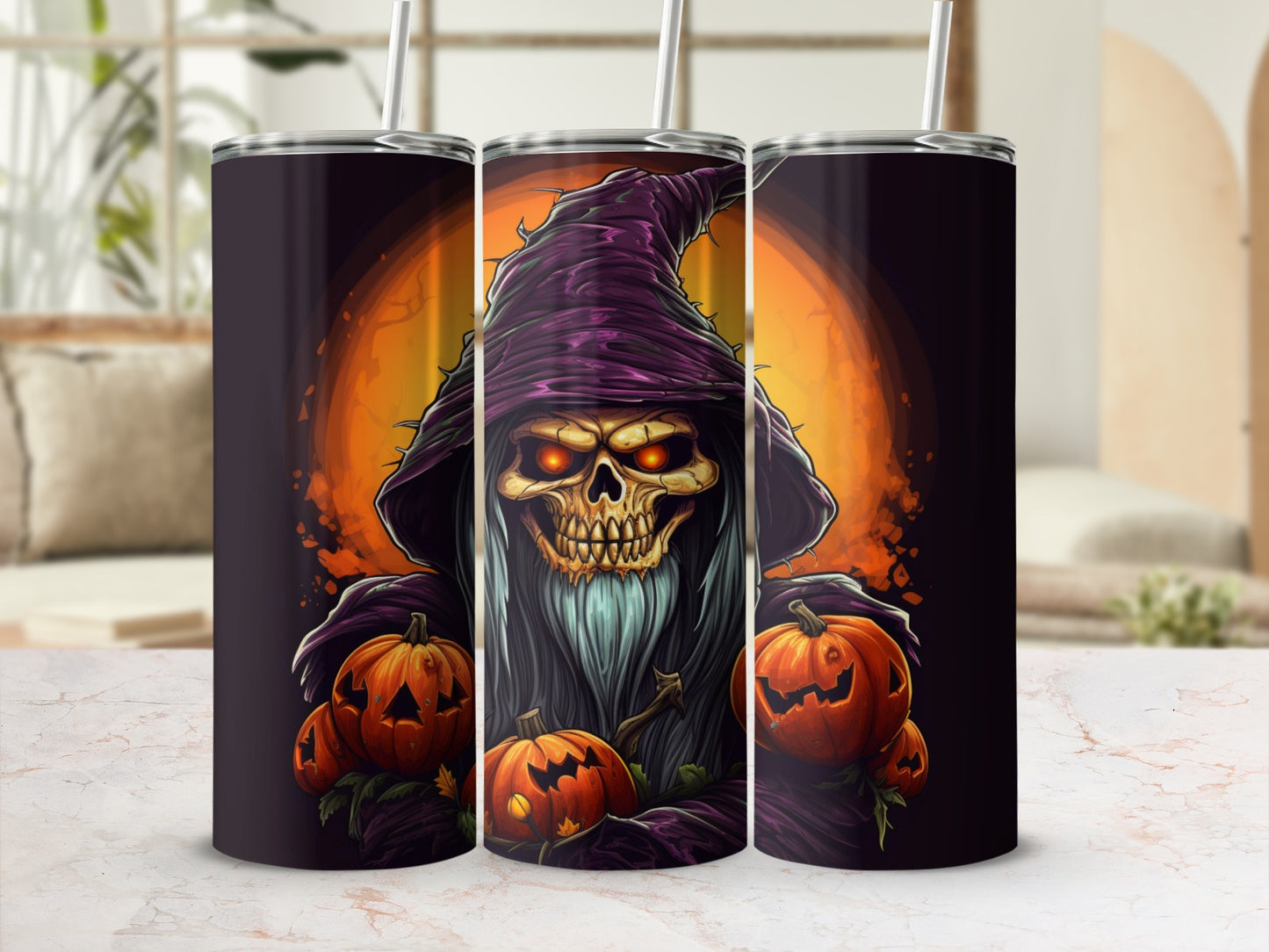 Grim reaper with glowing eyes and pumpkins on a Halloween-themed tumbler.
