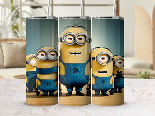 Minions in blue overalls with goggles stand together on a white surface.