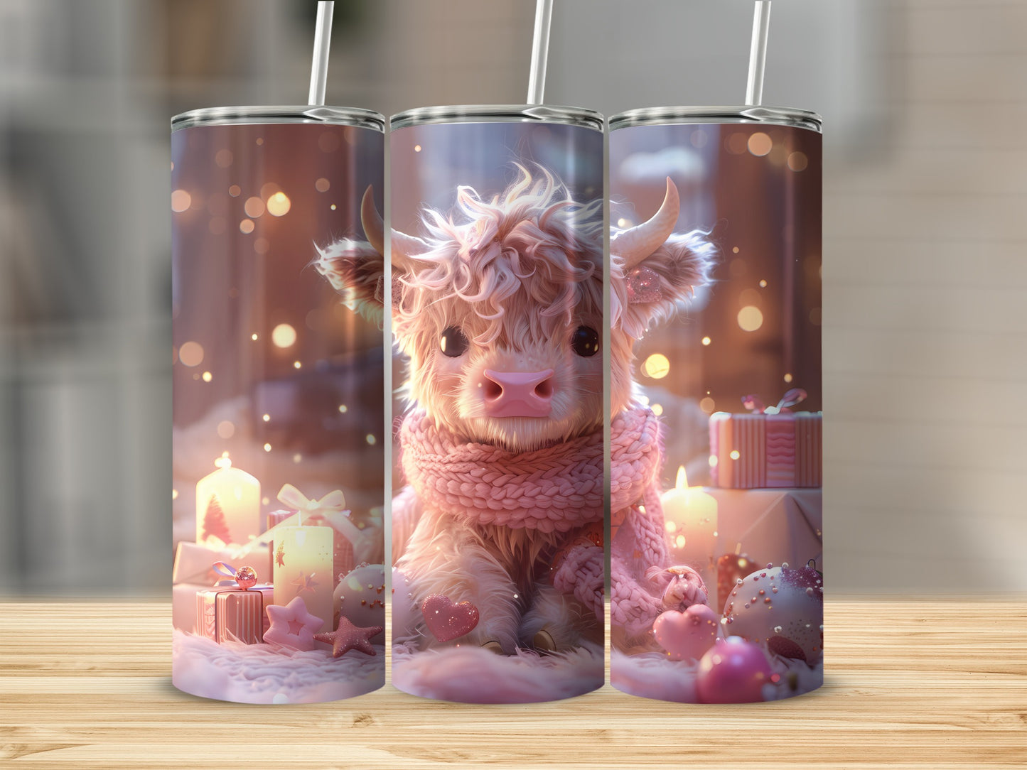 Fluffy Highland cow wearing a pink scarf, surrounded by Christmas gifts and lights.