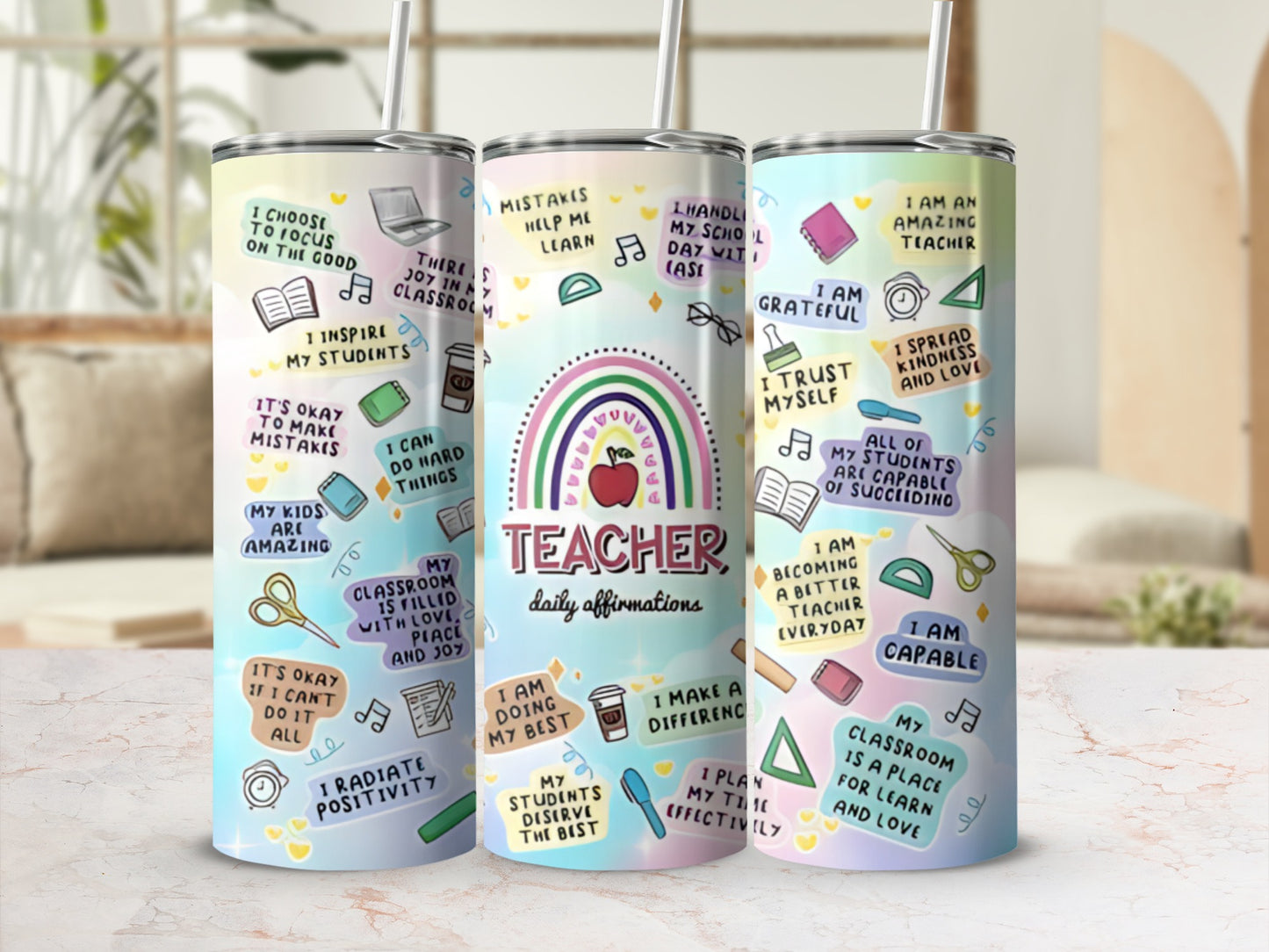 Teacher tumbler with affirmations about learning, positivity, and student success.